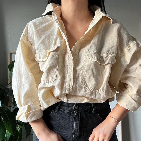 Vtg 90s minimlist button down blouse cotton ramie Oversized Long Sleeve Medium - Picture 2 of 10
